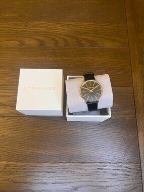 Michael Kors Pyper Black Leather Gold-Tone Watch